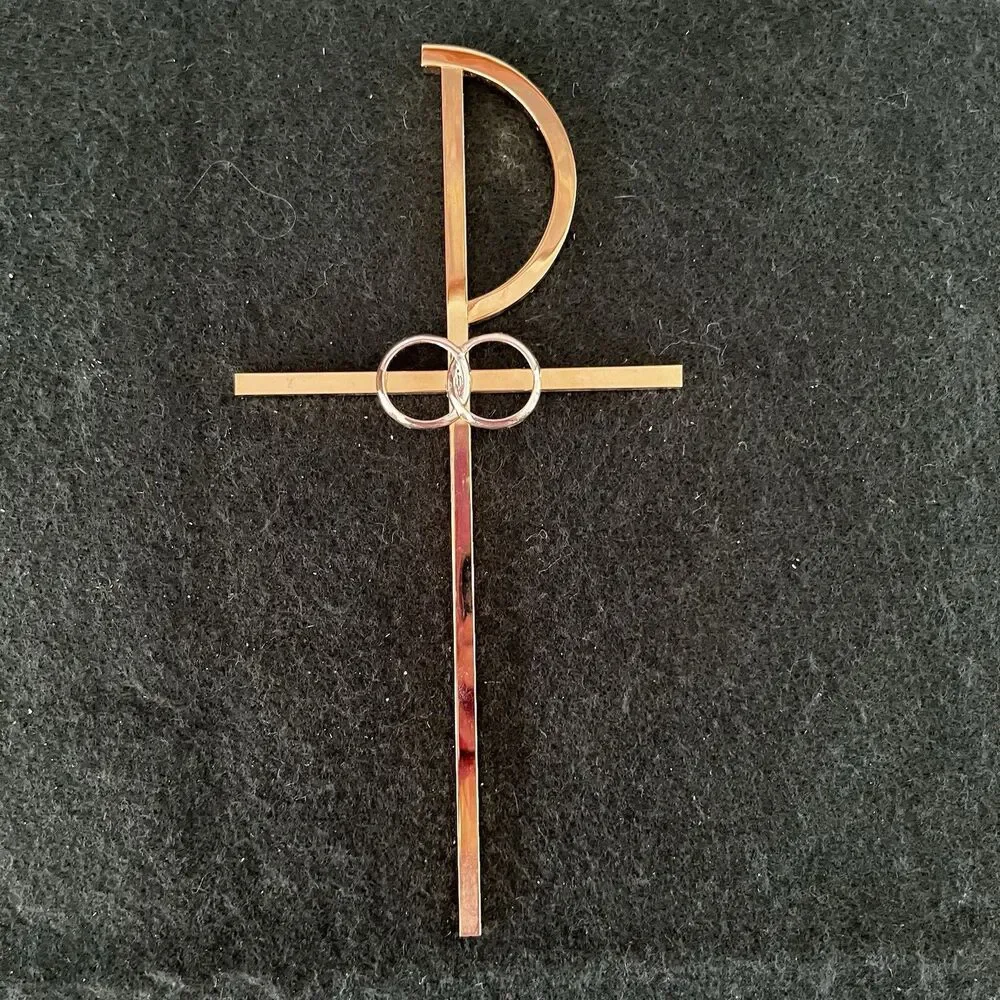 Brass Cross w/ Interlocking Wedding Rings For Christian Marriage Wall Art 8